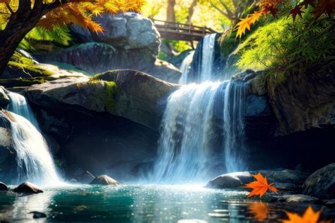 Premium Photo | Waterfall landscape with maple tree relaxing background ...