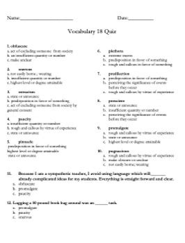 Group 18 Vocabulary Puzzle Packet Quiz And Answer Key SAT LEVEL VOCAB