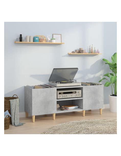 Meuble Platine Vinyles Gris B Ton Avec Rangement Vinyles Pieds Scandi