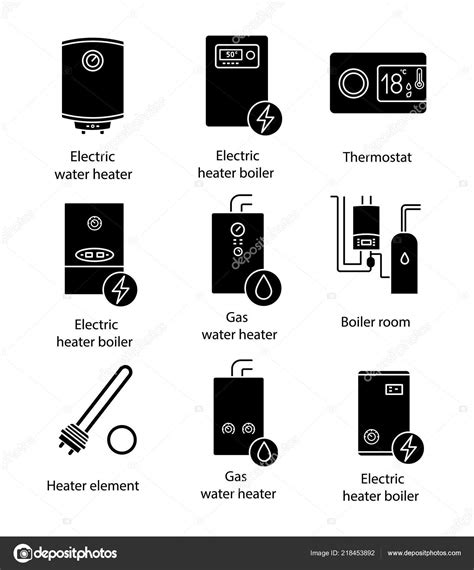 Heating Glyph Icons Set Boilers Heaters Thermostat Boiler Room Gas