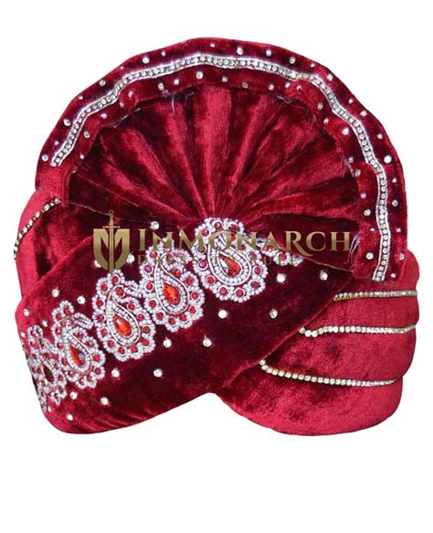 Paisley Motif Velvet Maroon Turban Pagari Safa Groom Hats Inmonarch