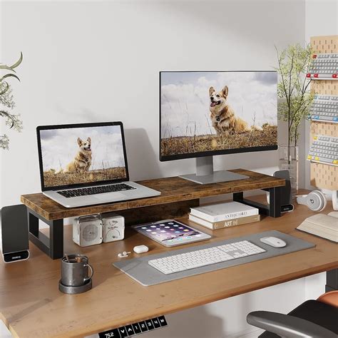 Westree Dual Monitor Stand Riser Sturdy Wood Steel Computer Monitor