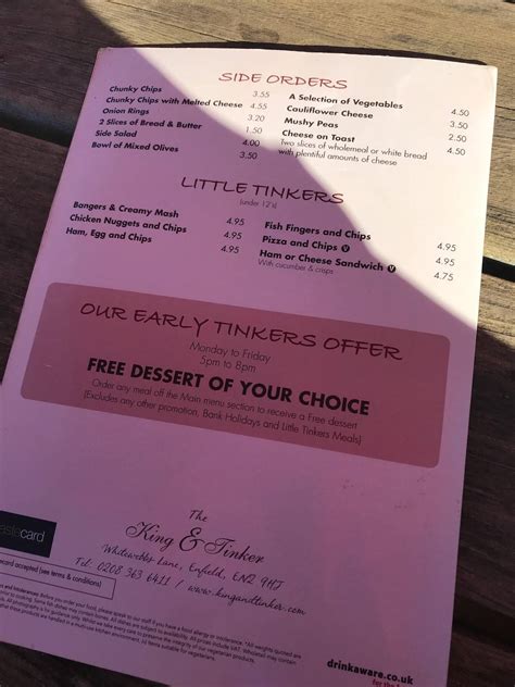 Menu At The King And Tinker Pub Bar Enfield