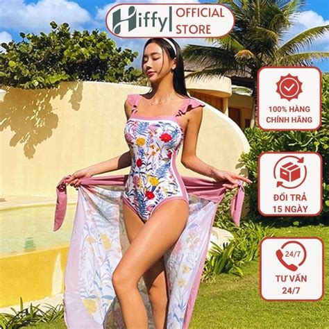 HIFFY Bộ Đồ Bơi Một Mảnh Bikini Liền Mảnh Dây Cánh Tiên Họa Tiết Hoa Xuân Kèm Khăn Shopee