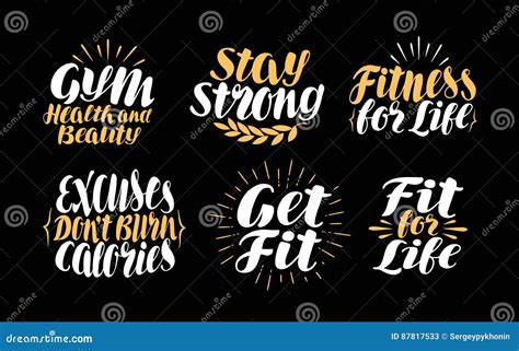 Fitness Or Gym Label Sports Icons Set Symbol Lettering Calligraphy