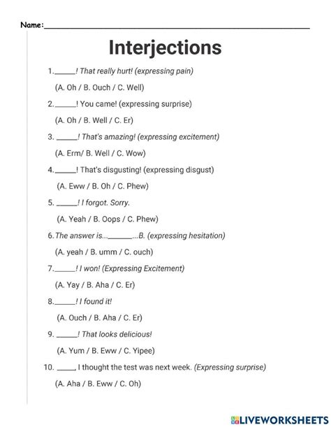 Interjections Quiz Worksheet Live Worksheets Worksheets Library