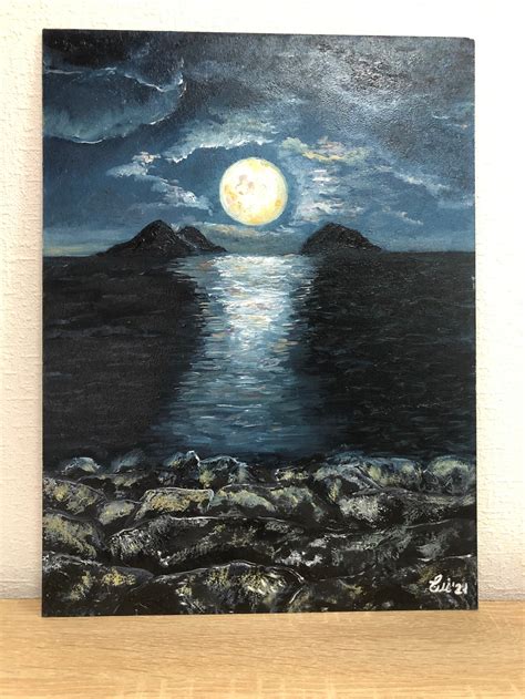 Moon Dark Painting Moon Road Night Landscape Sea at Night Dark Water Moon Landscape Moonlight ...