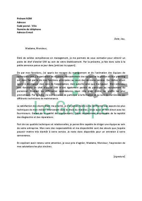 Lettre De Motivation Pour Un Emploi De Chef Datelier Sav Confirmé