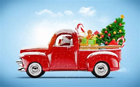 Santa Claus Driving Red Truck Loaded With Ts And Christmas Tree