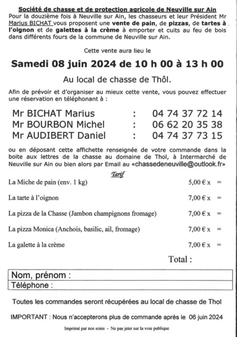 Vente à emporter samedi 8 juin par la société de chasse de Neuville