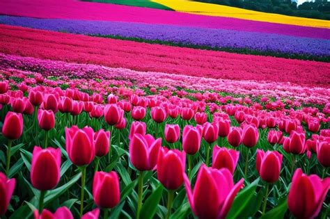 Premium AI Image | Bright field of pink tulips