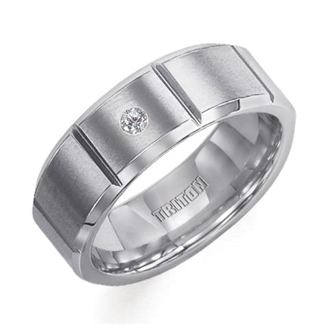 Triton 8mm Tungsten Carbide Bevel Edge Satin Finish Comfort Fit Diamond Wedding Band With Bright