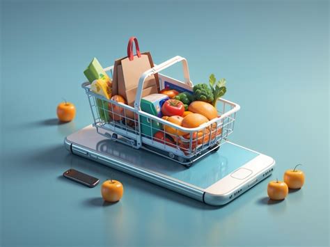 Premium Photo Online Market Grocery Basket And Smartphone In 3d