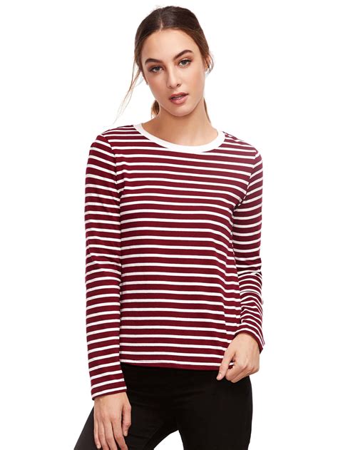 Burgundy Long Sleeve Striped T Shirtfor Women Romwe