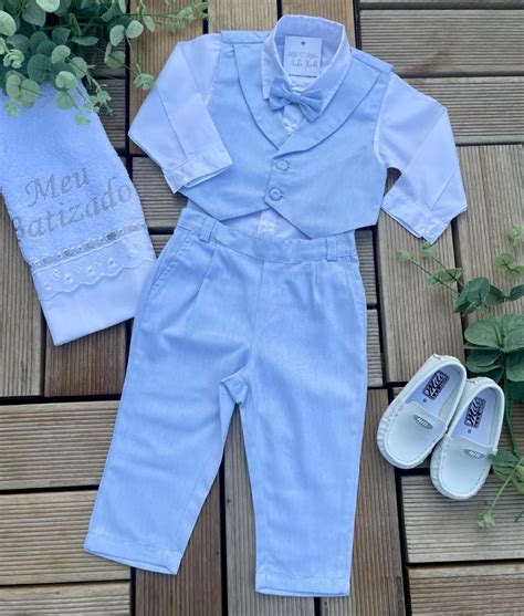 Conjunto Batizado Infantil Menino Cal A Camisa Colete E Gravata Azul