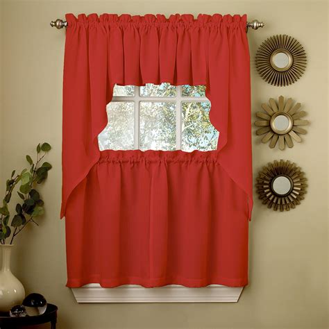 Ribcord Kitchen Curtains Solid Opaque 36 Tier Valance Swag Set Red