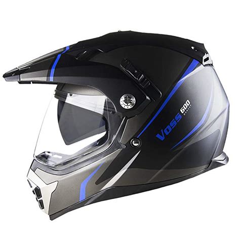 Voss 600 Dually Blue Thunderbolt Dual Sport Helmet With Integrated Sun