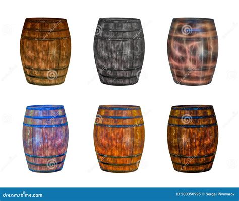 Assorted Brown And Gray Oak Barrels On A White Isolated Background