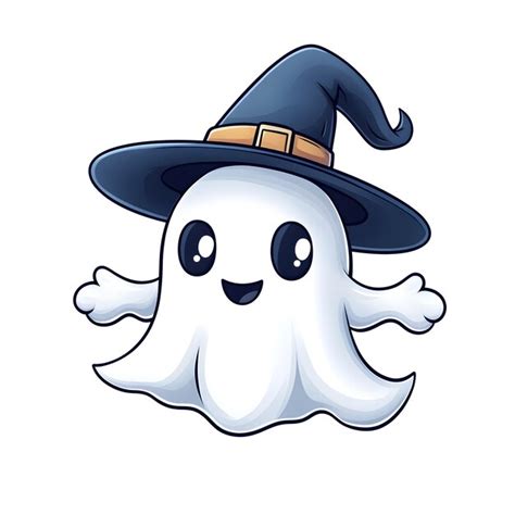 Whimsical Floating Ghost In Witch S Hat On White Background Premium