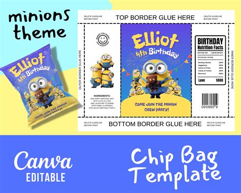 Minions Theme Chip Bag Template Canva Editable Template Digital Item Etsy