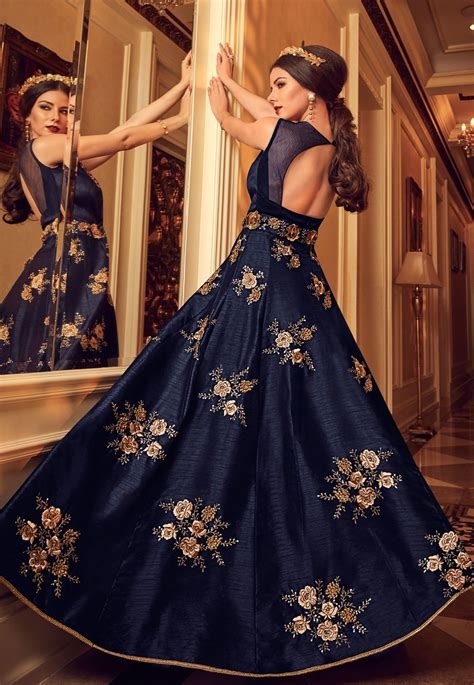 Buy Navy Blue Silk Indian Gown Style Wedding Anarkali In Uk Usa And Canada