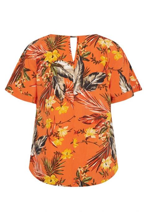 Plus Size Orange Floral Print Keyhole Back Chiffon Blouse Yours Clothing