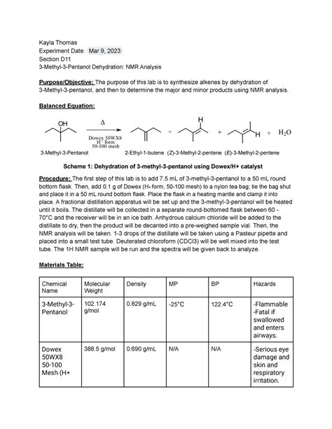 3 Methyl 3 Pentanol Dehydration Pre Lab Notebook Kayla Thomas