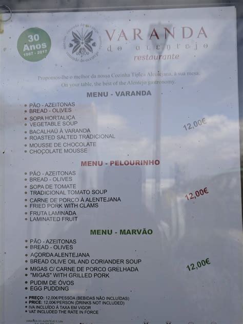 Menu Em Restaurante Varanda Do Alentejo Marv O