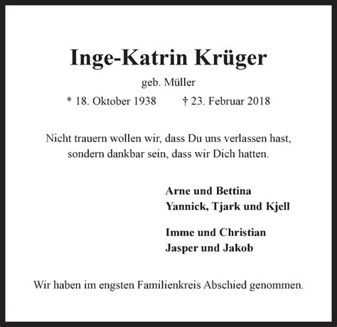 Traueranzeigen Von Inge Katrin Kr Ger Trauer L Neburg De