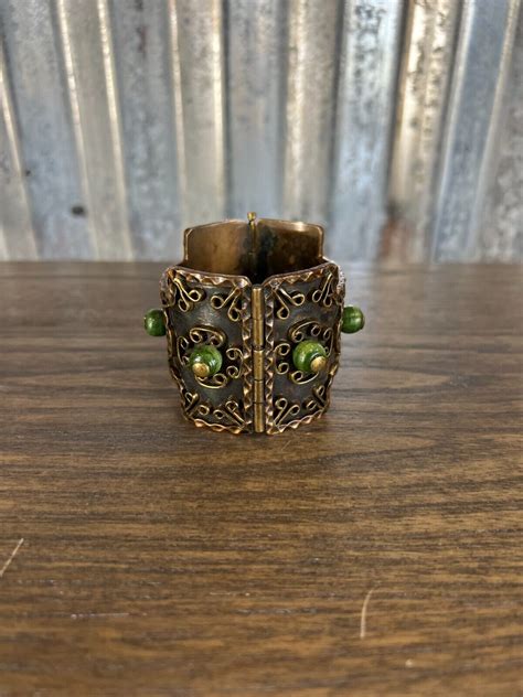 Vintage Mexico Casa Maya Hammered Copper Malachite Gem