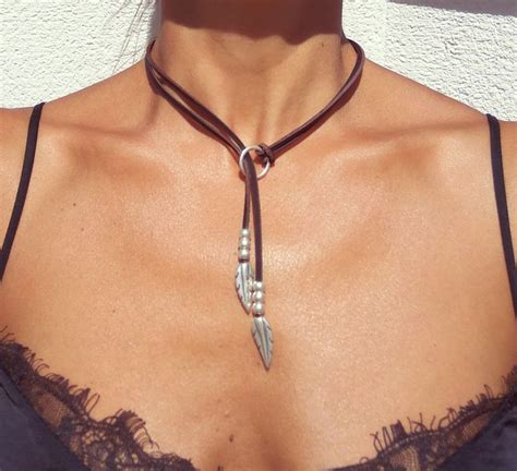 Lariat Necklace Silver Feather Necklace Leather Necklace For Women Silver Beaded Necklace