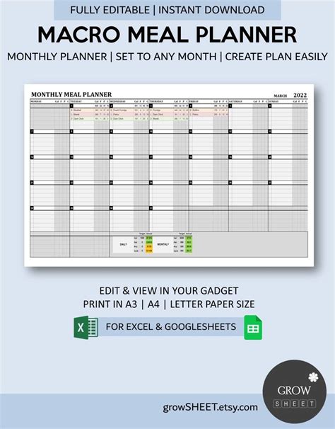 Macro Meal Planner For Excel And Google Sheets Fully Etsy Canada