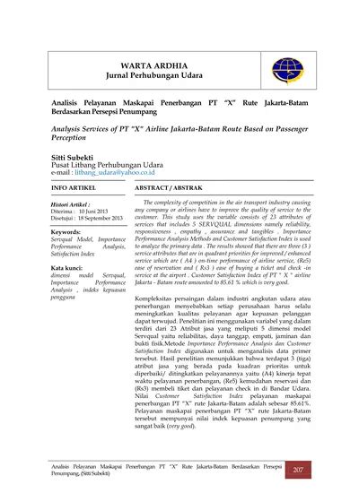 WARTA ARDHIA Jurnal Perhubungan Udara Analisis Pelayanan Maskapai