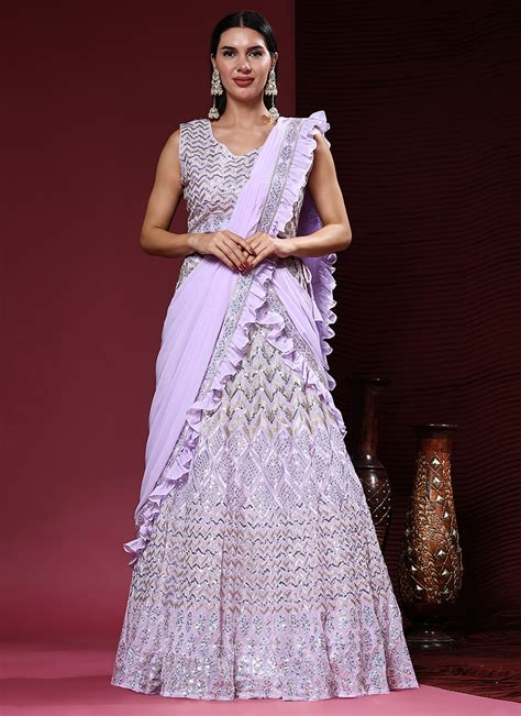 Buy Lilac Viscose Georgette Wedding Wear Embroidery Work Ready To Wear