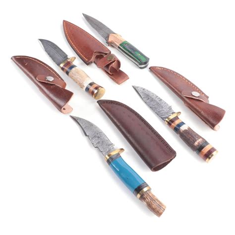 Damascus Steel Fixed Blade Knives with Leather Sheaths | EBTH