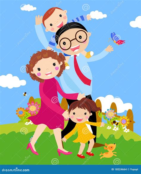 Cartoon Of Happy Family Walking Outdoors With Dog. Vector Illustration ...