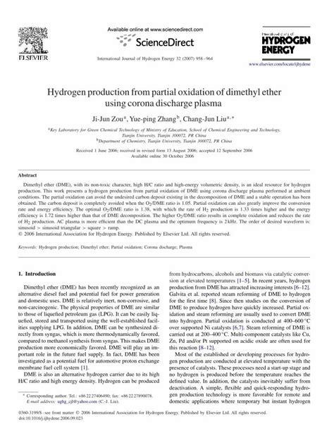 PDF Hydrogen Production From Partial Oxidation Of Dimethyl Ether