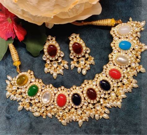 Fine Quality Gold Plated Navratan Uncut Polki Kundan Necklace Set With