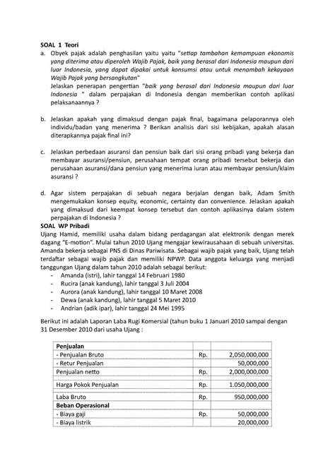 Perpajakan Pertemuan 1 Soal 1 Teori A Obyek Pajak Adalah Penghasilan