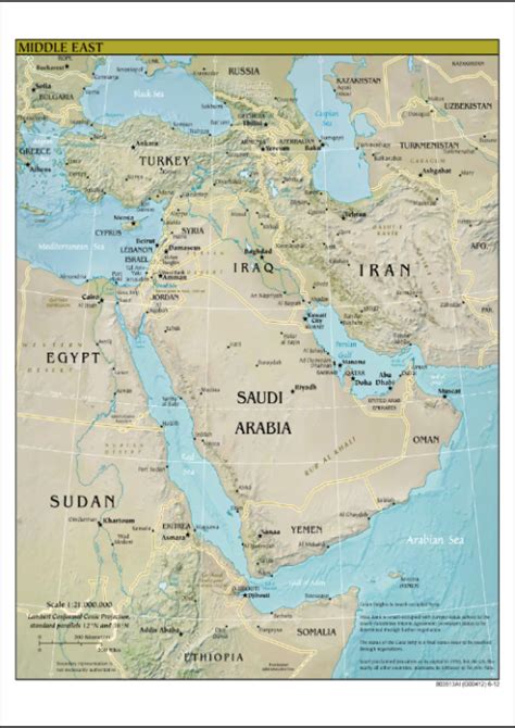 Middle East Map With Capitals And Major Cities Waterproof A4 Laminated