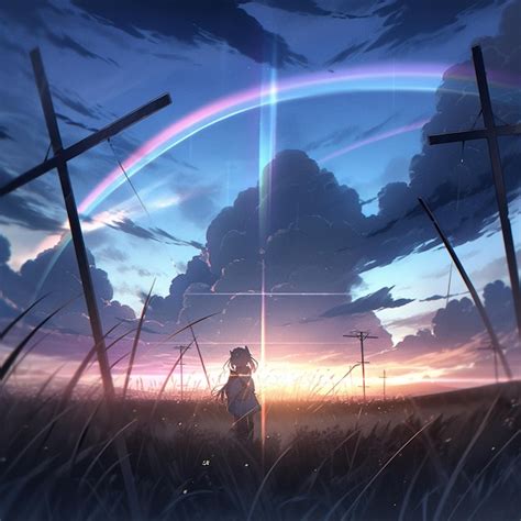 Premium Photo Anime Girl Standing In A Field With A Rainbow In The Sky Generative Ai