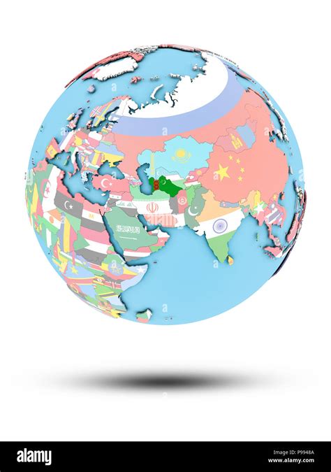 Turkmenistan On Political Globe With National Flags Isolated On White