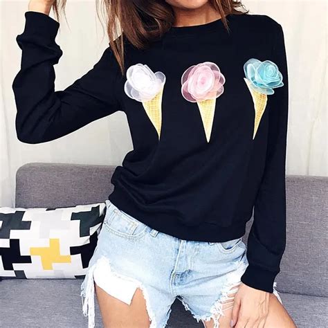 Ice Cream Printed Sweatshirt Autumn Pullover Women Long Sleeve Hoody Casual Hoodies Black ...