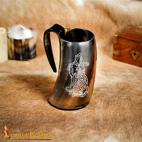 Lord Of Battles Viking Horn Tankard With Engraved Norse Wolf Kult