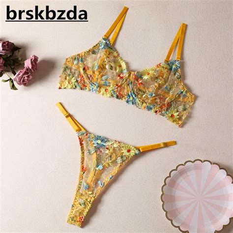 Brskbzda Delicado Bordados Lingerie Set Mulheres Pe A Sexy Bra Kit Amarelo Luxo Lace Fantasia