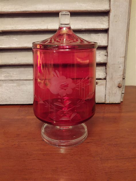 Pedestal Etched Cranberry Glass Candy Dish Etsy