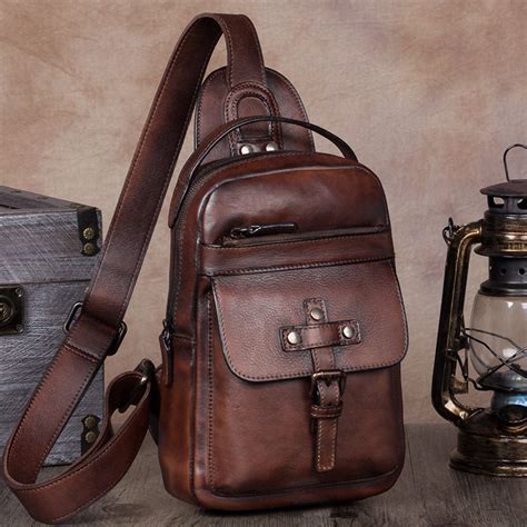 Vintage Leather Mens Sling Bag Crossbody Bag Chest Bag For Men