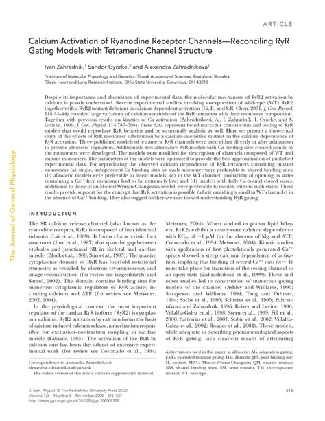 Pdf Calcium Activation Of Ryanodine Receptor Channelsreconciling Ryr