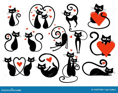 Conjunto De Gatos Pretos Com Coração Coleção De Gatos Apaixonados Ilustração Vetorial Para