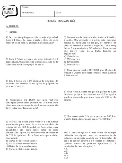 Regra De Três Simples Exercícios 7 Ano - Exercícios de Regra de Três Simples 7º Ano | PDF | Gatos | Alimentos